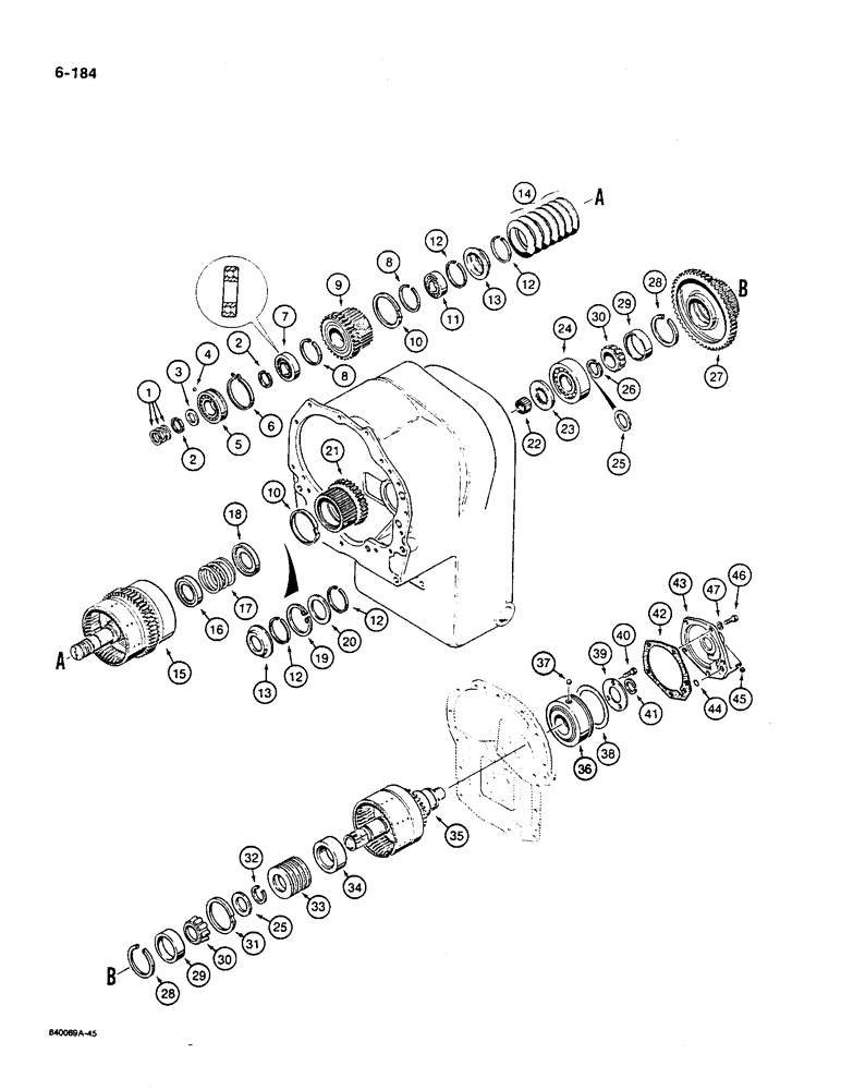 Схема запчастей Case W36 - (6-184) - TRANSMISSION ASSEMBLY, REVERSE, SECOND, AND FIRST CLUTCH SHAFT PARTS (06) - POWER TRAIN