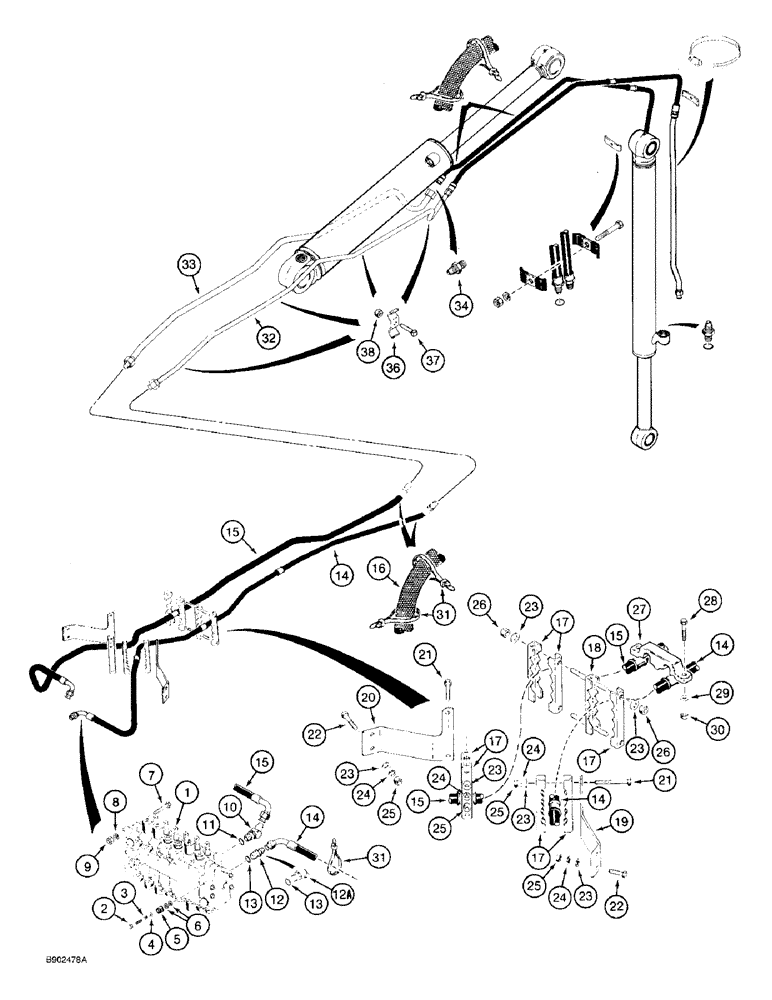 Схема запчастей Case 590 - (8-034) - BACKHOE BUCKET CYLINDER HYDRAULIC CIRCUIT, MODELS WITHOUT EXTENDABLE DIPPER (08) - HYDRAULICS
