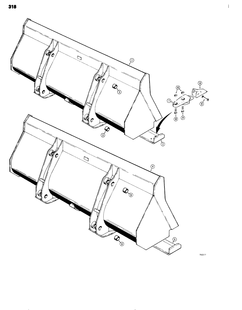 Схема запчастей Case 680G - (318) - LOADER BUCKETS, 1-1/4 CU YD (1.0 CU METRE)/1-1/2 CU YD (1.2 CU METRE)/(1.3 CU METRE)/BUCKET TEETH (09) - CHASSIS/ATTACHMENTS