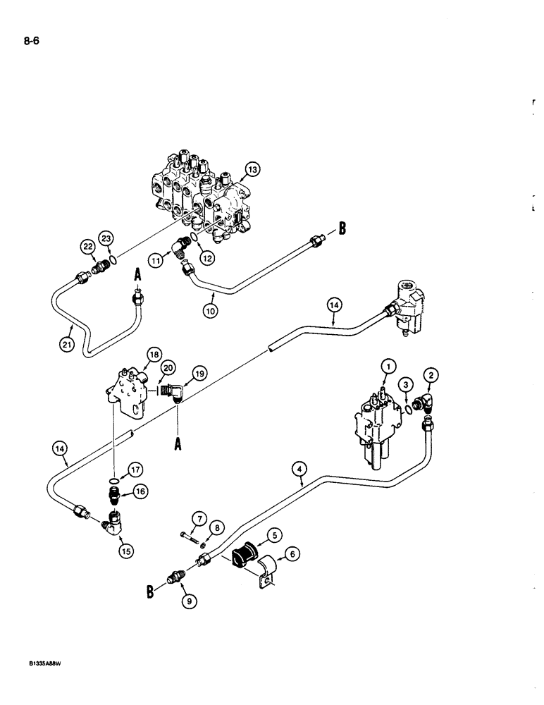 Схема запчастей Case 680L - (8-006) - EQUIPMENT HYDRAULIC SYSTEM, BACKHOE SUPPLY FROM LOADER CONTROL VALVE TO BACKHOE CONTROL VALVE (08) - HYDRAULICS
