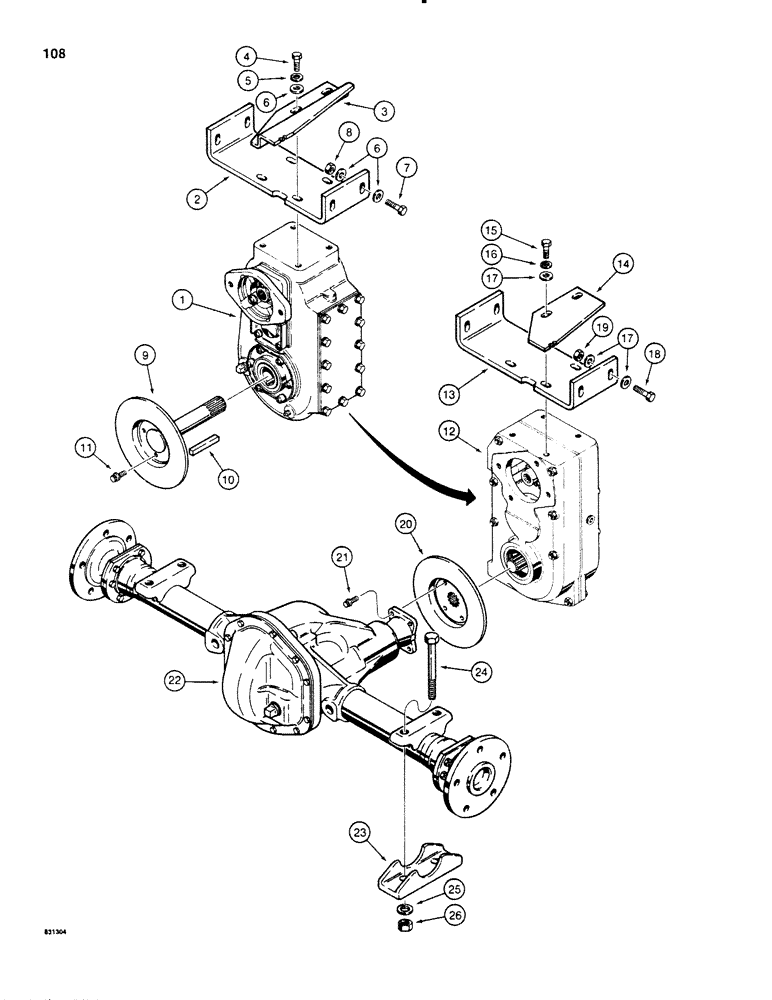 Схема запчастей Case P60 - (108) - DIRECT DRIVE TRANSMISSION AND REAR AXLE MOUNTING, USED ON 30+4 SERIAL NUMBER 1163236 AND AFTER (21) - TRANSMISSION