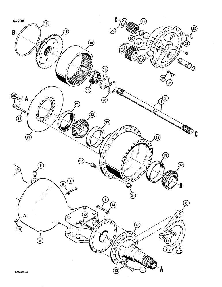 Схема запчастей Case W36 - (6-206) - FRONT AND REAR AXLES, AXLE HOUSING AND PLANETARY (06) - POWER TRAIN