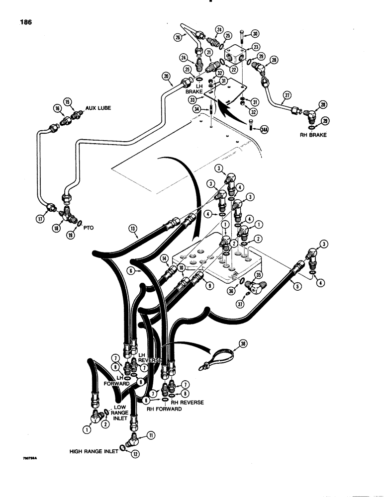 Схема запчастей Case 1150C - (186) - TRANSMISSION HYDRAULIC CIRCUITS, REAR OF TRANSMISSION TO CONTROL VALVE & BRAKES (06) - POWER TRAIN