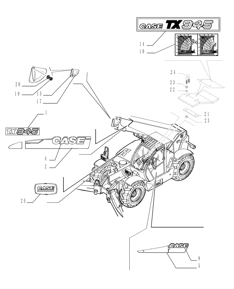 Схема запчастей Case TX945 - (1.98.2/B[01]) - TRADE MARKS - VERSION (04) (90) - PLATFORM, CAB, BODYWORK AND DECALS