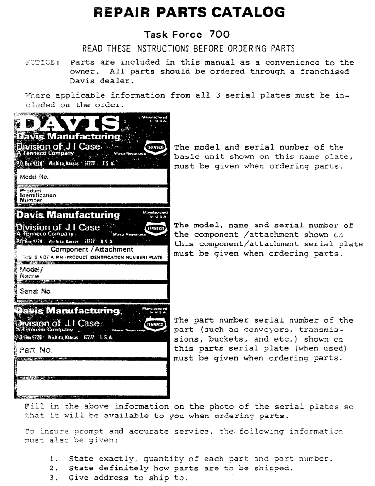 Схема запчастей Case 700 - (01) - REPAIR PARTS CATALOG 