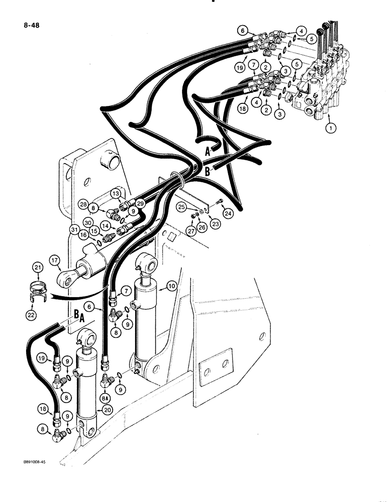 Схема запчастей Case 480E LL - (8-048) - PTO AND THREE-POINT HITCH CYLINDER HYDRAULIC CIRCUIT, USED WITH HYD. HITCH (08) - HYDRAULICS