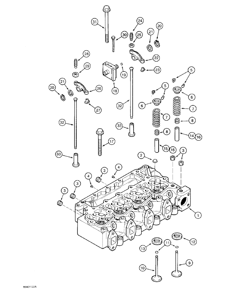 Схема запчастей Case 480F LL - (2-29A) - CYLINDER HEAD AND VALVE MECHANISM, 4-390 ENGINE, FOR FUEL INJECTION NOZZLES WITH 7 MM DIAMETER TIP (02) - ENGINE