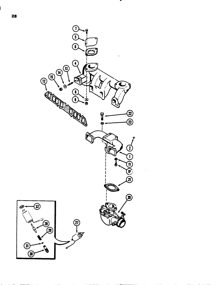 Схема запчастей Case 1845S - (028) - MANIFOLDS, (159) SPARK IGNITION ENGINE, CARBURETOR (10) - ENGINE