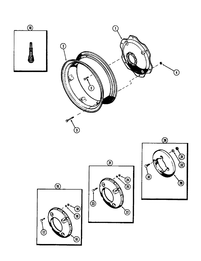 Схема запчастей Case 580 - (121A) - 28" REAR WHEELS, REAR WHEEL WEIGHTS (44) - WHEELS