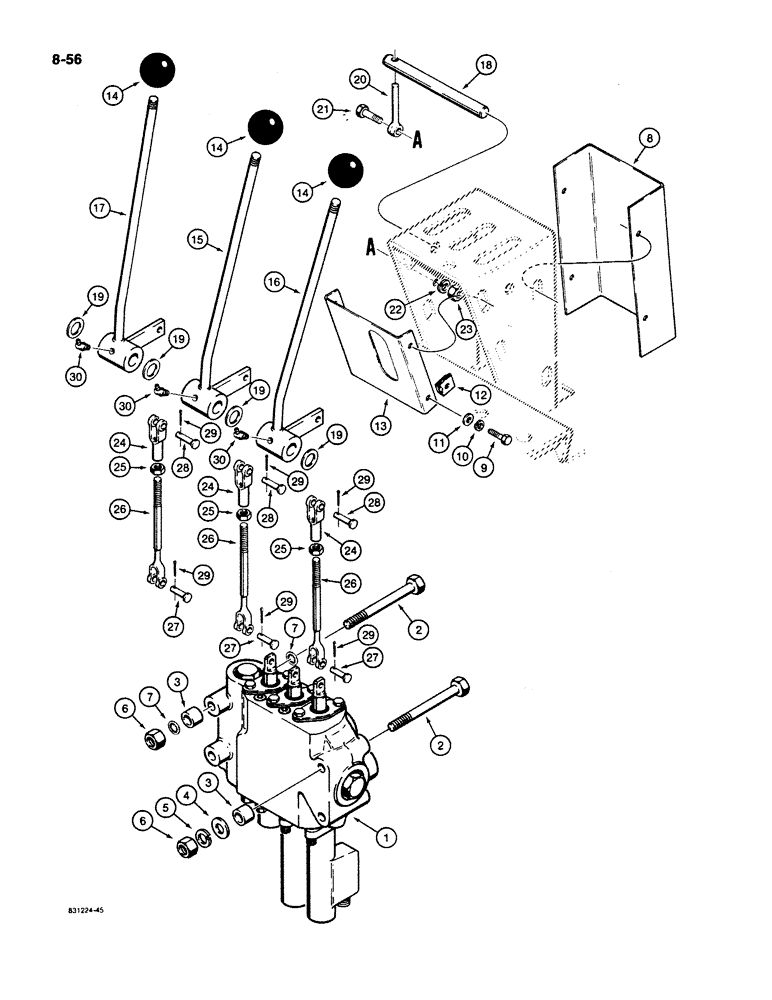 Схема запчастей Case W11B - (8-056) - THREE SPOOL LOADER CONTROL VALVE AND LEVERS (08) - HYDRAULICS
