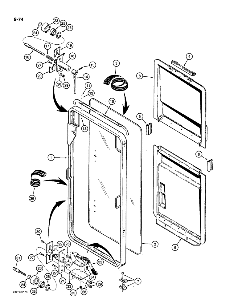 Схема запчастей Case 1085C - (9-074) - STANDARD CAB, WINDSHIELD AND GUARDS (09) - CHASSIS/ATTACHMENTS
