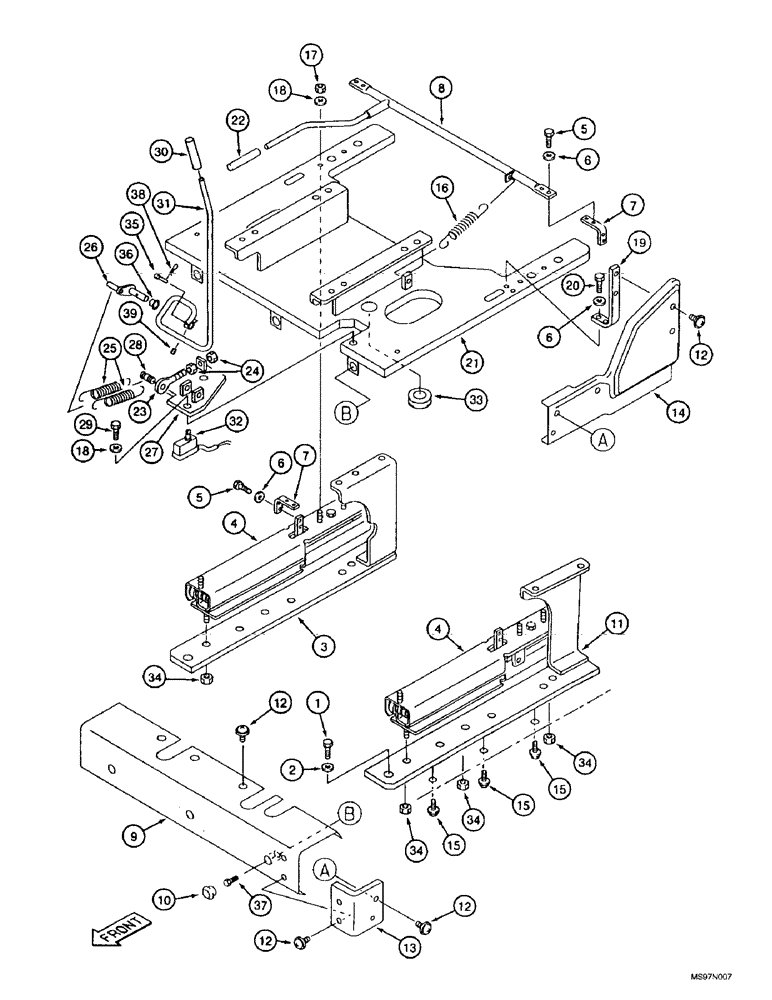 Схема запчастей Case 9010B - (9-045A) - SEAT SLIDE RAILS AND PLATFORM, P.I.N. DAC0102131 & AFTER, USED W/ SEAT W/ CASE LOGO ON BACK CUSHION (09) - CHASSIS