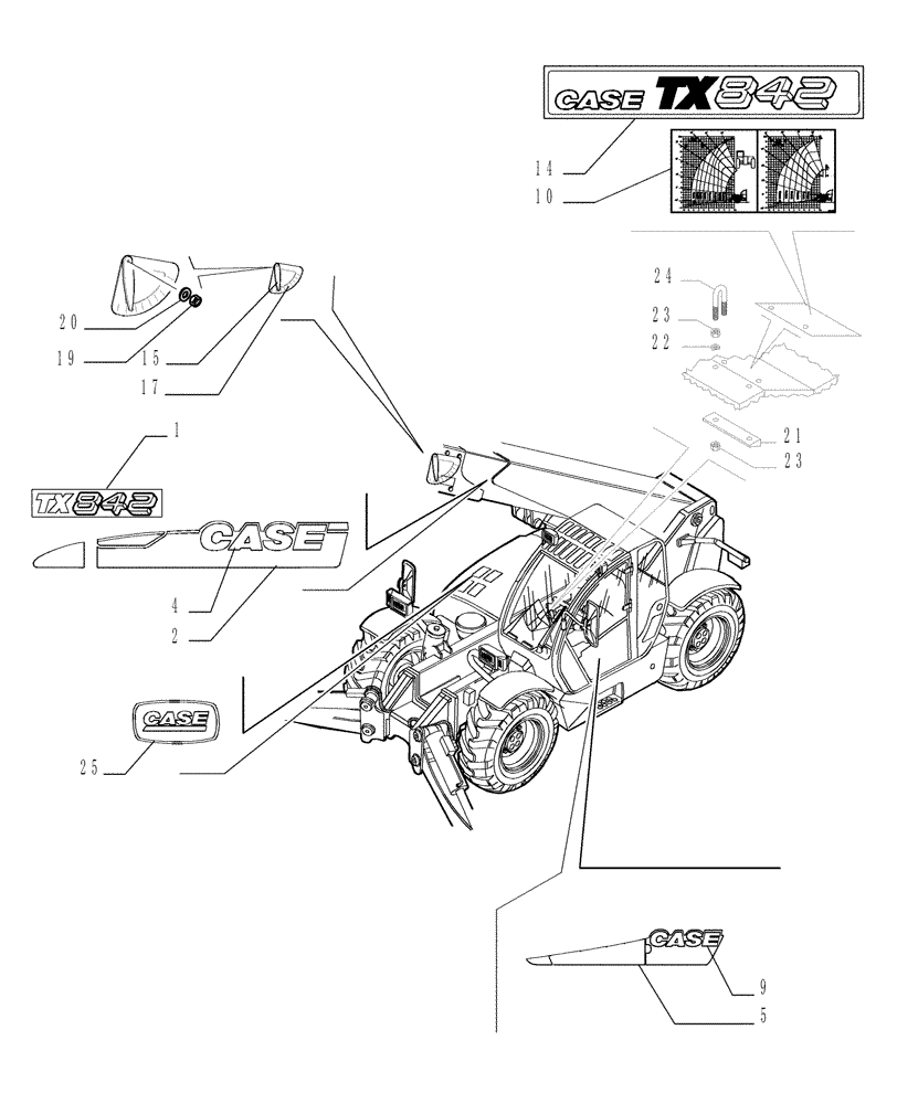 Схема запчастей Case TX842 - (1.98.2/A[01]) - TRADE MARKS - VERSION (03) (90) - PLATFORM, CAB, BODYWORK AND DECALS