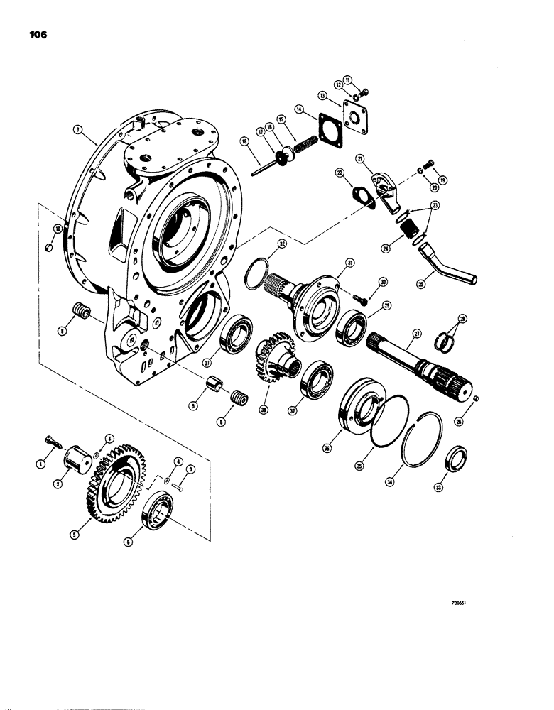 Схема запчастей Case W26B - (106) - TRANSMISSION, TORQUE CONVERTER HOUSING AND PUMP DRIVE (06) - POWER TRAIN