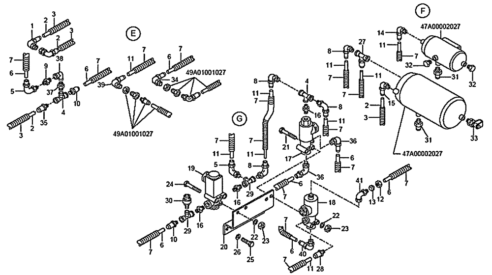 Схема запчастей Case 335B - (49A02001027[001]) - AIR TANKS, FRONT FRAME ( E F G ) PNEUMATICS (87612818) (09) - Implement / Hydraulics / Frame / Brakes