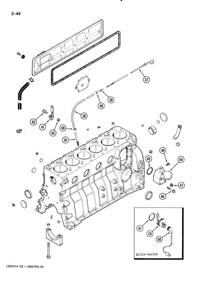 Схема запчастей Case 888 - (2-044) - CYLINDER BLOCK, 6T-590 DIESEL BLOCK, BLOCK HEATER (02) - ENGINE