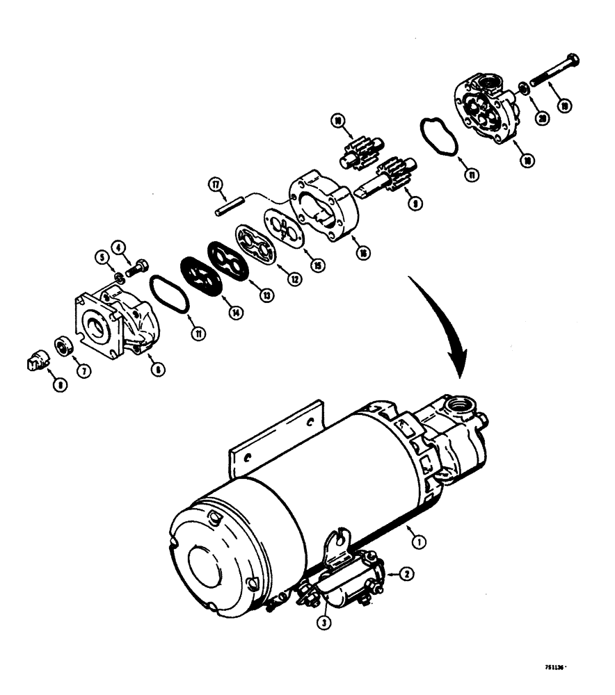 Схема запчастей Case W26B - (386) - L70813 EMERGENCY STEERING PUMP AND MOTOR (05) - STEERING