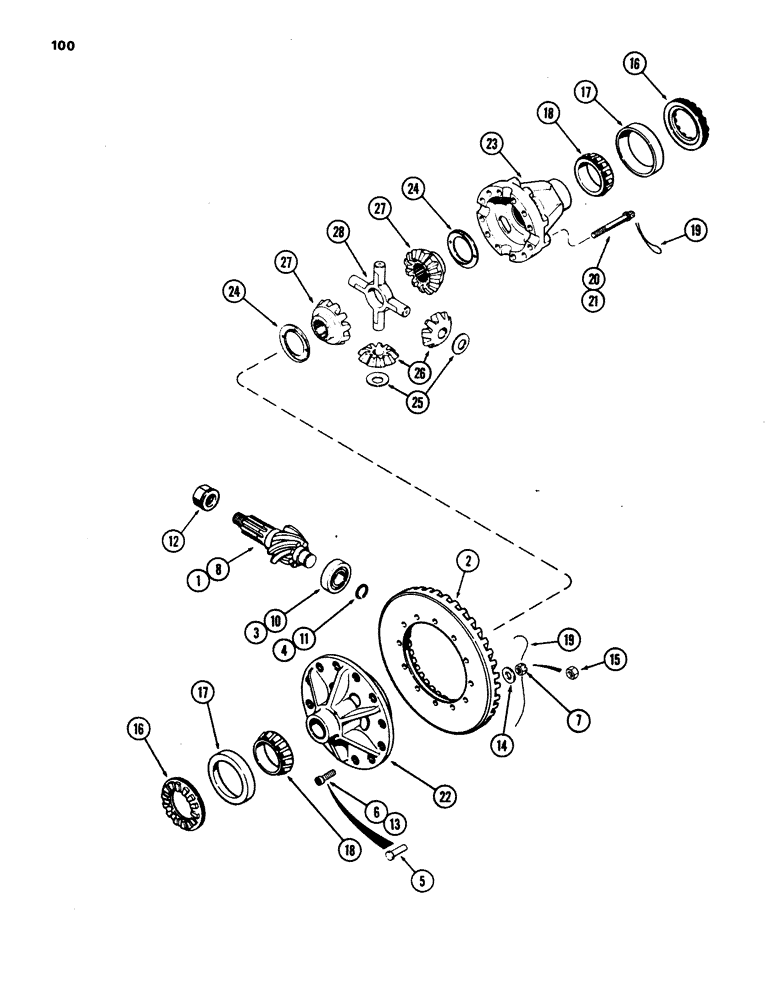 Схема запчастей Case W24 - (100) - REAR AXLE DIFFERENTIAL, PINION RING GEAR AND DIFFERENTIAL CASE BEFORE TRAC SN.9105061 (06) - POWER TRAIN