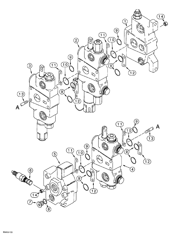 Схема запчастей Case 580SL - (8-074) - LOADER CONTROL VALVE, WITH MALE TYPE SPOOL EYES (08) - HYDRAULICS