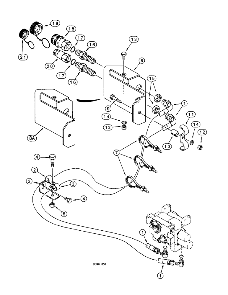 Схема запчастей Case 580L - (8-040) - HAND HELD AUX. HYDRAULICS, AUX. VALVE TO QUICK DISCONNECT COUPLINGS, MODELS W/ 31 GAL. FUEL TANK (08) - HYDRAULICS