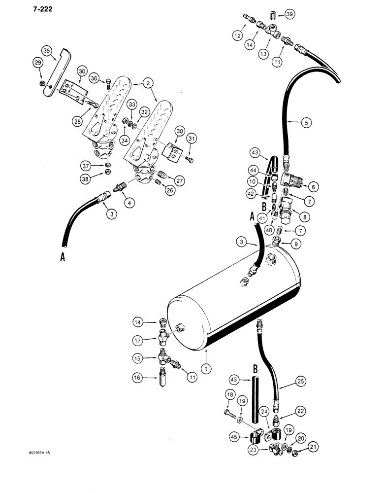 Схема запчастей Case 680K - (7-222) - BRAKE SYSTEM, RESERVOIR TO PRESSURE VALVES AND TREADLES (07) - BRAKES