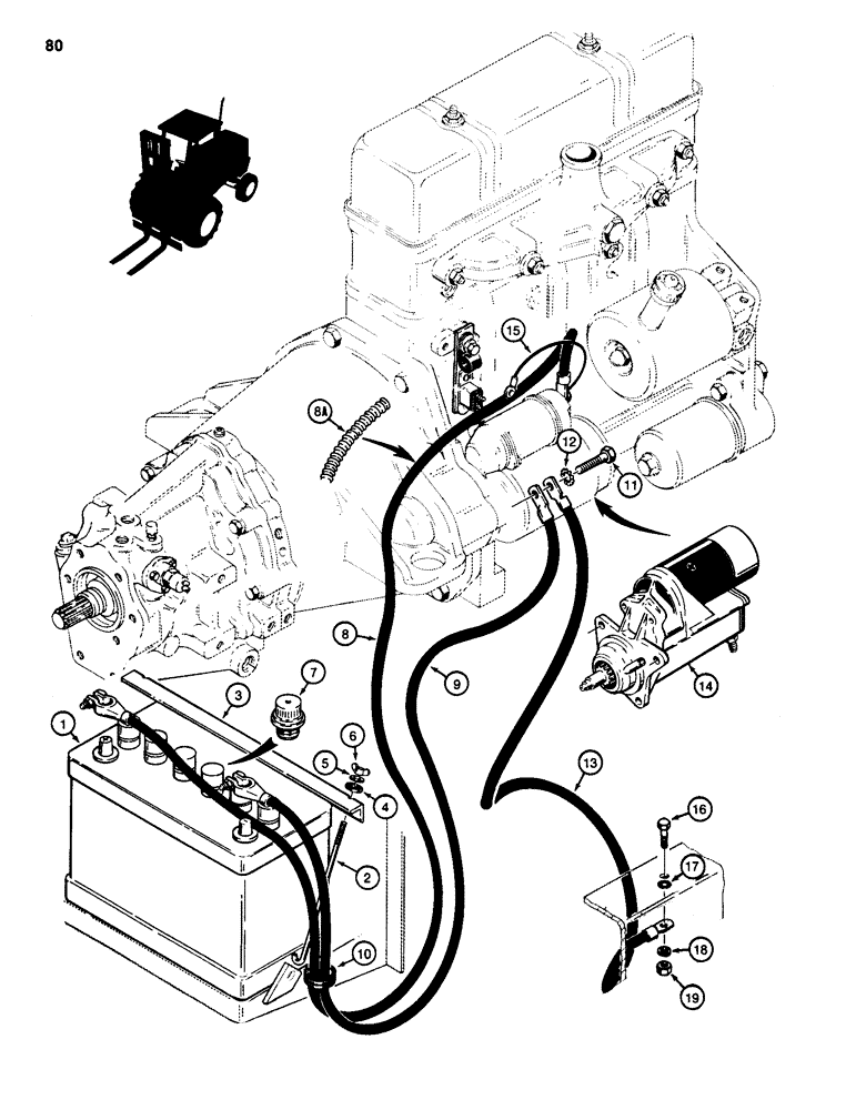 Схема запчастей Case 586D - (080) - ELECTRICAL CIRCUIT, BATTERY AND CABLES TO STARTER (55) - ELECTRICAL SYSTEMS