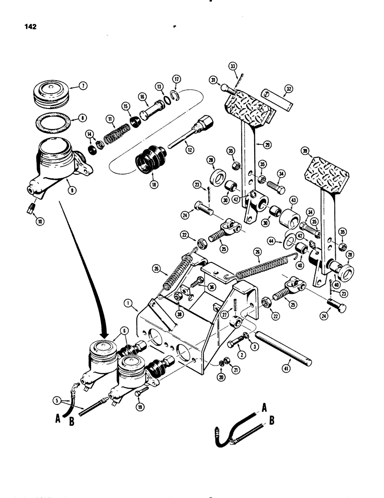 Схема запчастей Case 450B - (142) - BRAKE PEDALS AND MASTER CYLINDERS (04) - UNDERCARRIAGE