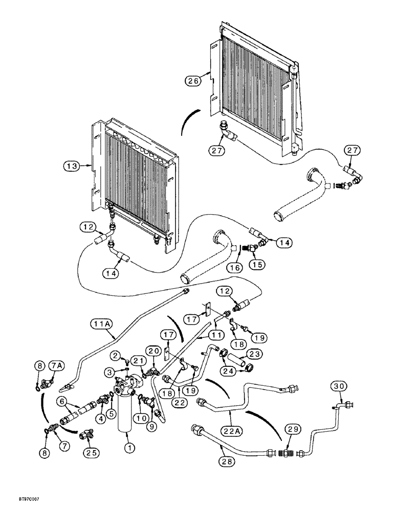 Схема запчастей Case 590SL - (8-008) - EQUIPMENT HYDRAULIC SYSTEM, OIL COOLER LINES, RETURN LINES AND FILTER (08) - HYDRAULICS