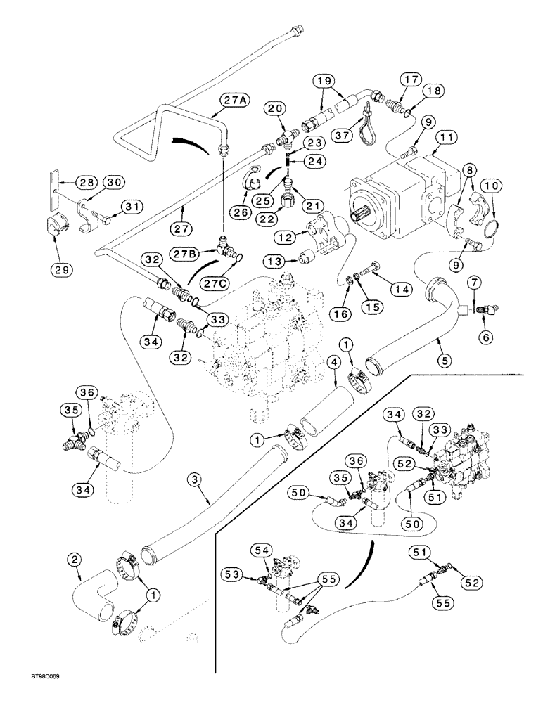 Схема запчастей Case 580L - (8-002[A]) - EQUIP HYDRAULIC SYSTEM, RESERVOIR TO LOADER CONTROL VALVE AND LOADER VALVE TO FILTER (08) - HYDRAULICS