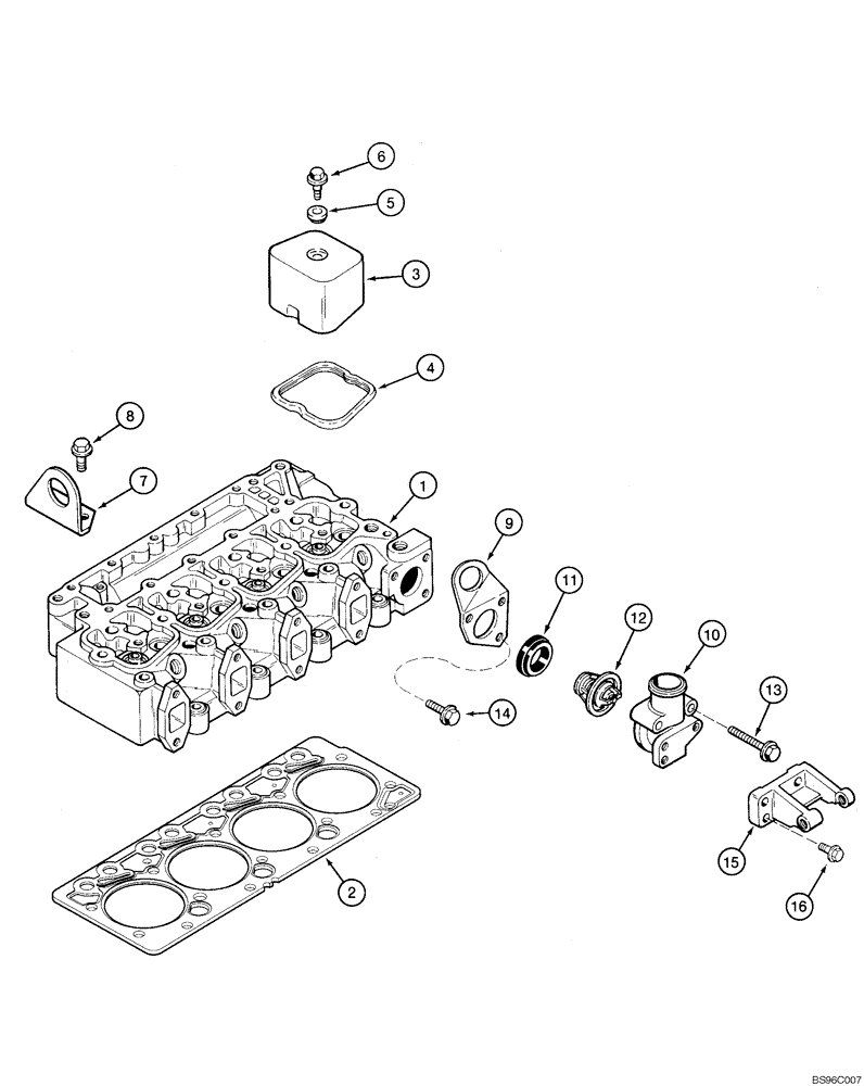 Схема запчастей Case 550H-IND - (02-18) - CYLINDER HEAD, COVER, 4-390/4T-390 EMISSIONS CERTIFIED ENGINE, THERMOSTAT AND HOUSING (02) - ENGINE