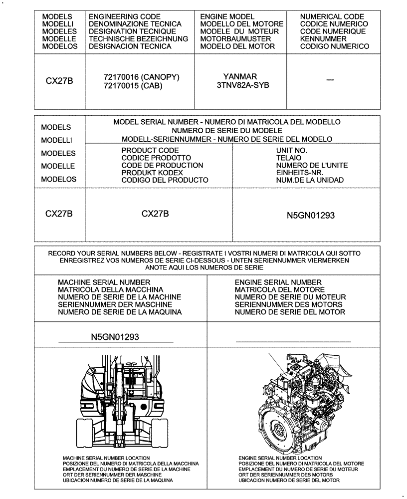 Схема запчастей Case CX27B - (0 - VERSION[00]) - IDENTIFICATION AND VERSION LIST (00) - GENERAL