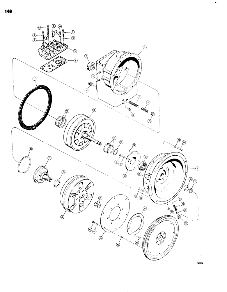 Схема запчастей Case 680G - (148) - TRANSMISSION, TORQUE CONVERTER HOUSING AND PUMP (06) - POWER TRAIN
