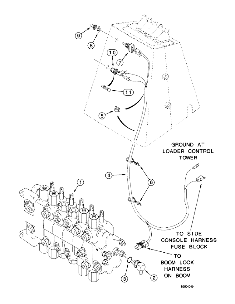 Схема запчастей Case 580L - (8-052) - BACKHOE BOOM LOCK HYDRAULIC AND ELECTRICAL CIRCUIT AT CONTROL TOWER AND BACKHOE VALVE (08) - HYDRAULICS