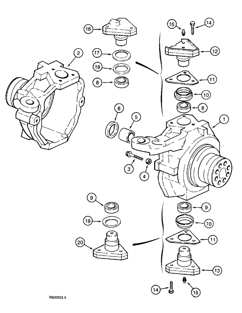 Схема запчастей Case 590 - (6-36) - FRONT DRIVE AXLE, SWIVEL HOUSING (06) - POWER TRAIN
