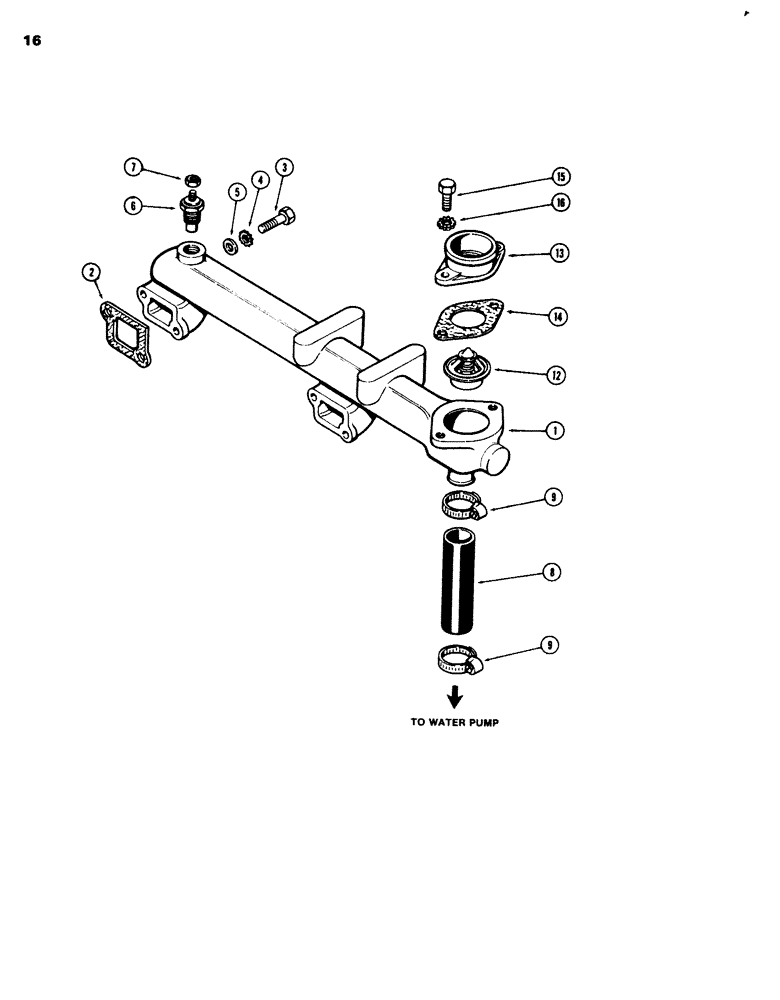 Схема запчастей Case 680G - (016) - WATER MANIFOLD, 336BD DIESEL ENGINE, THERMOSTAT (02) - ENGINE