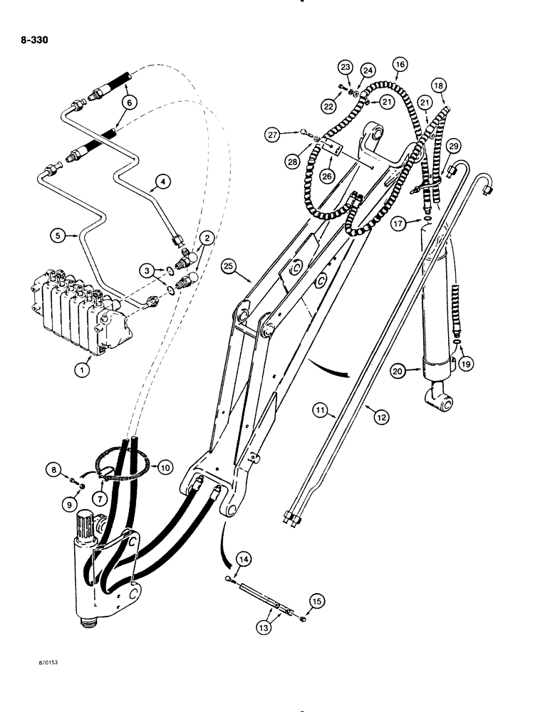 Схема запчастей Case DH4B - (8-330) - BUCKET CYLINDER HYDRAULIC CIRCUIT, FRONT MOUNTED D100XR BACKHOE (08) - HYDRAULICS