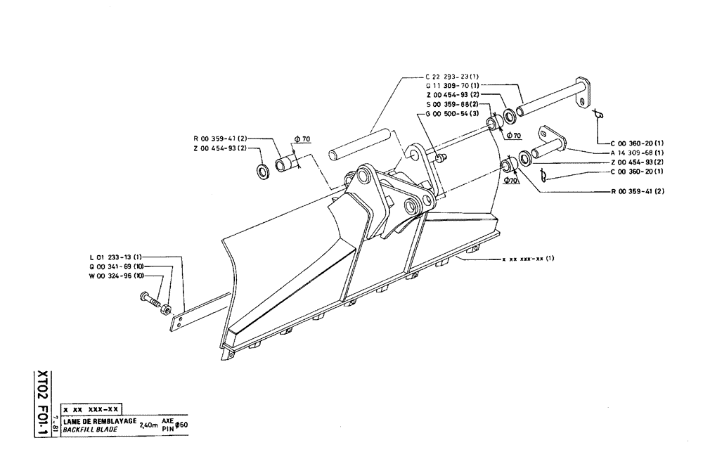 Схема запчастей Case 75C - (XT02 F01.1) - BACKFILL BLADE - 2,40 M PIN Ø60 (19) - BUCKETS