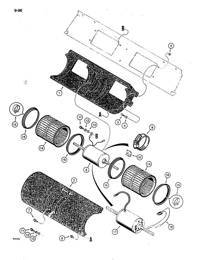Схема запчастей Case 855D - (9-096) - AIR CONDITIONING CONDENSER BLOWER, (ABOVE CAB ROOF) (09) - CHASSIS/ATTACHMENTS