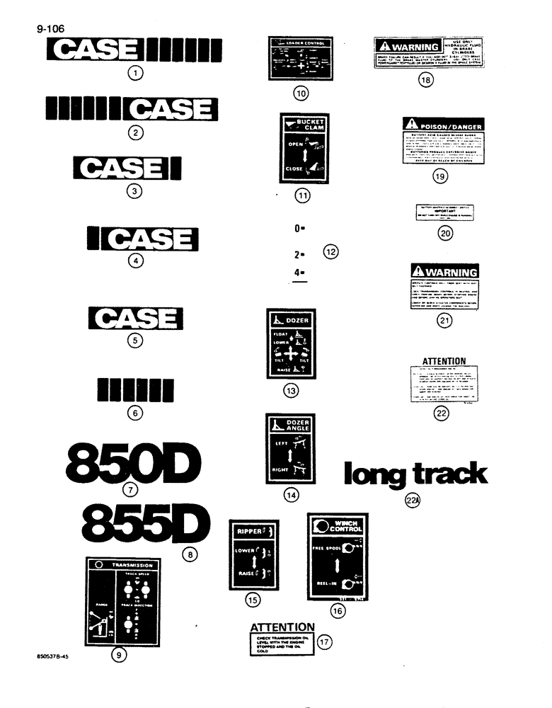 Схема запчастей Case 855D - (9-106[A]) - DECALS (09) - CHASSIS/ATTACHMENTS