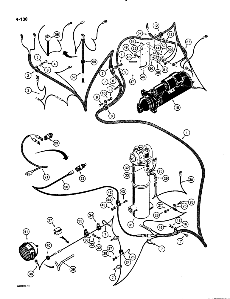 Схема запчастей Case 1455B - (4-130) - REAR ELECTRICAL WIRING, HARNESS TO STARTER, INSTRUMENT PANEL & REAR LAMP MODELS W/TOP FILLED TANK (04) - ELECTRICAL SYSTEMS