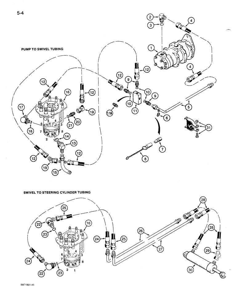 Схема запчастей Case 1085B - (5-004) - STEERING HYD. CIRCUIT, PUMP TO SWIVEL TO STEERING CYL. UNITS W/ MALE TUBE PORTS ON HYD. SWIVEL (05) - STEERING