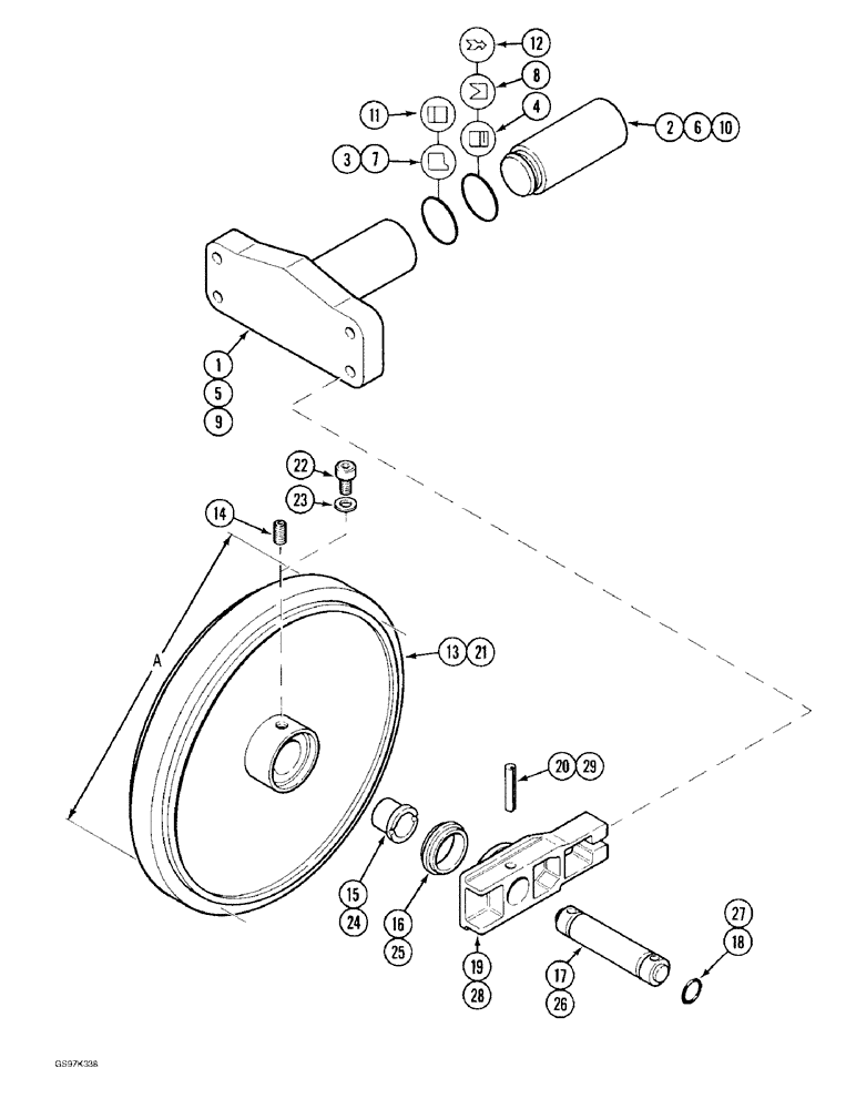 Схема запчастей Case 170C - (5-10) - TRACK IDLER AND ADJUSTMENT CYLINDER, WITH 680 MM (26-3/4") IDLER WHEEL DIMENSION, PIN 74501 - 74569 (11) - TRACKS/STEERING