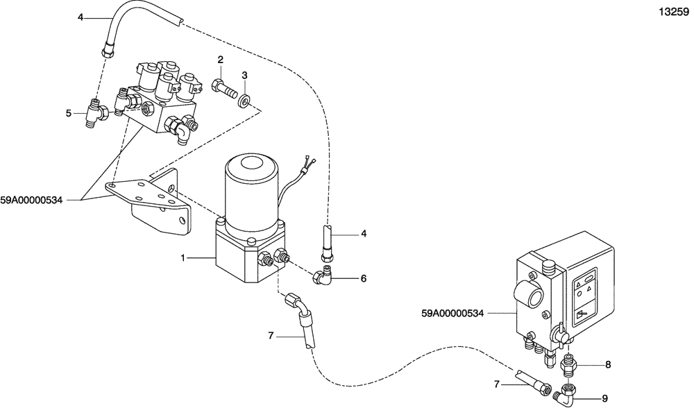 Схема запчастей Case 340 - (59A00000536[001]) - ENGINE HOODS AND DRIVER CAB - HYDRAULIC DUMPING - ELECTRICAL PUMP (10) - Cab/Cowlings