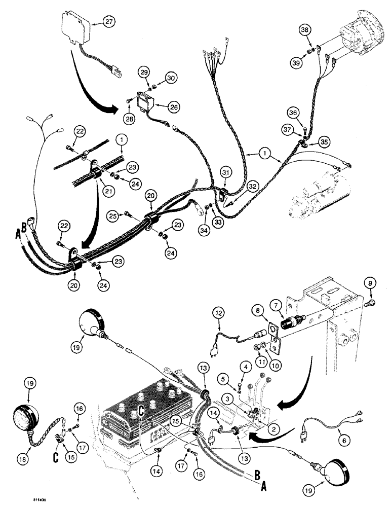 Схема запчастей Case 475 - (098) - WIRING HARNESS TO ALTERNATOR AND LAMPS (55) - ELECTRICAL SYSTEMS