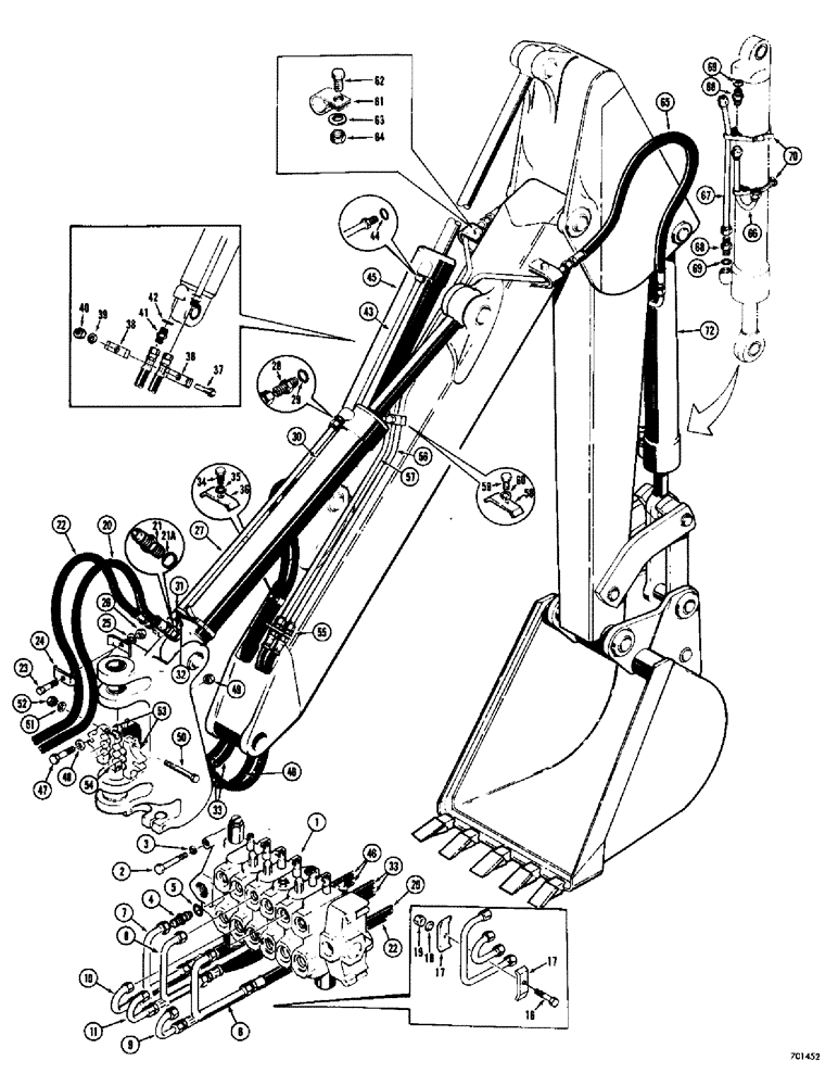 Схема запчастей Case 34 - (084) - BOOM, CROWD AND BUCKET CYLINDER HYDRAULICS, (USED ON BACKHOE SERIAL NUMBER 4141636 TO 4157852) 