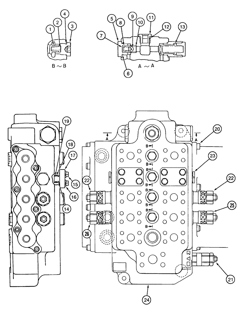 Схема запчастей Case 9040 - (8-81C) - 158639A1 RIGHT-HAND CONTROL VALVE ASSEMBLY, PLUGS, CHECK AND RELIEF VALVES, LONG REACH MODELS (08) - HYDRAULICS