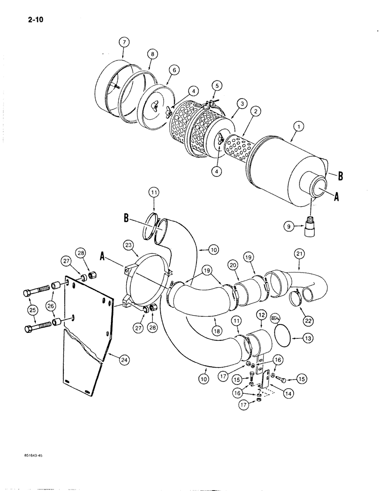 Схема запчастей Case 170B - (2-10) - STANDARD AIR CLEANER AND AIR INTAKE PARTS, P.I.N. 74341 THROUGH 74363 (02) - ENGINE