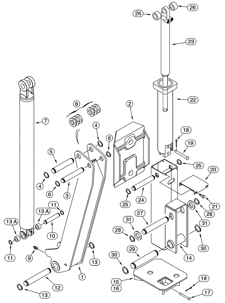 Схема запчастей Case 85XT - (09-58) - BACKHOE STABILIZERS NORTH AMERICA, D125, FOLD DOWN STABILIZERS (09) - CHASSIS