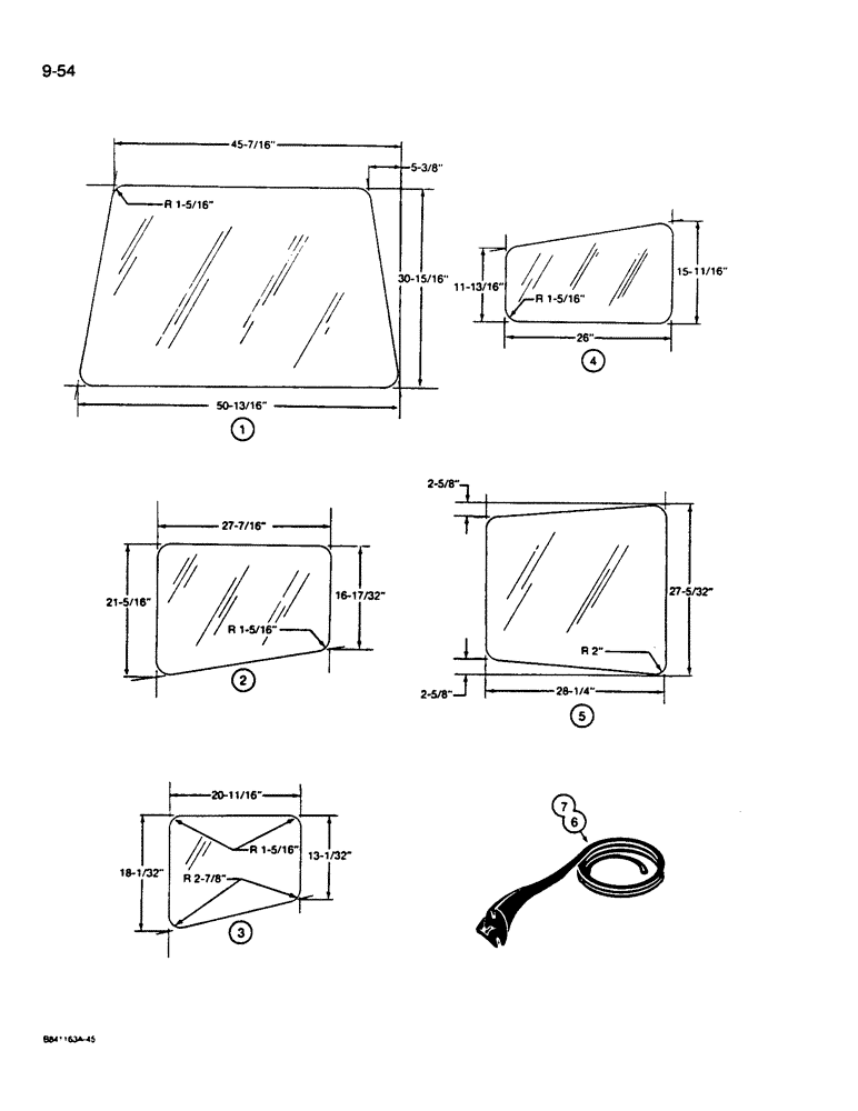 Схема запчастей Case W14B - (9-54) - CAB GLASS, U.S. DIMENSIONS (09) - CHASSIS/ATTACHMENTS
