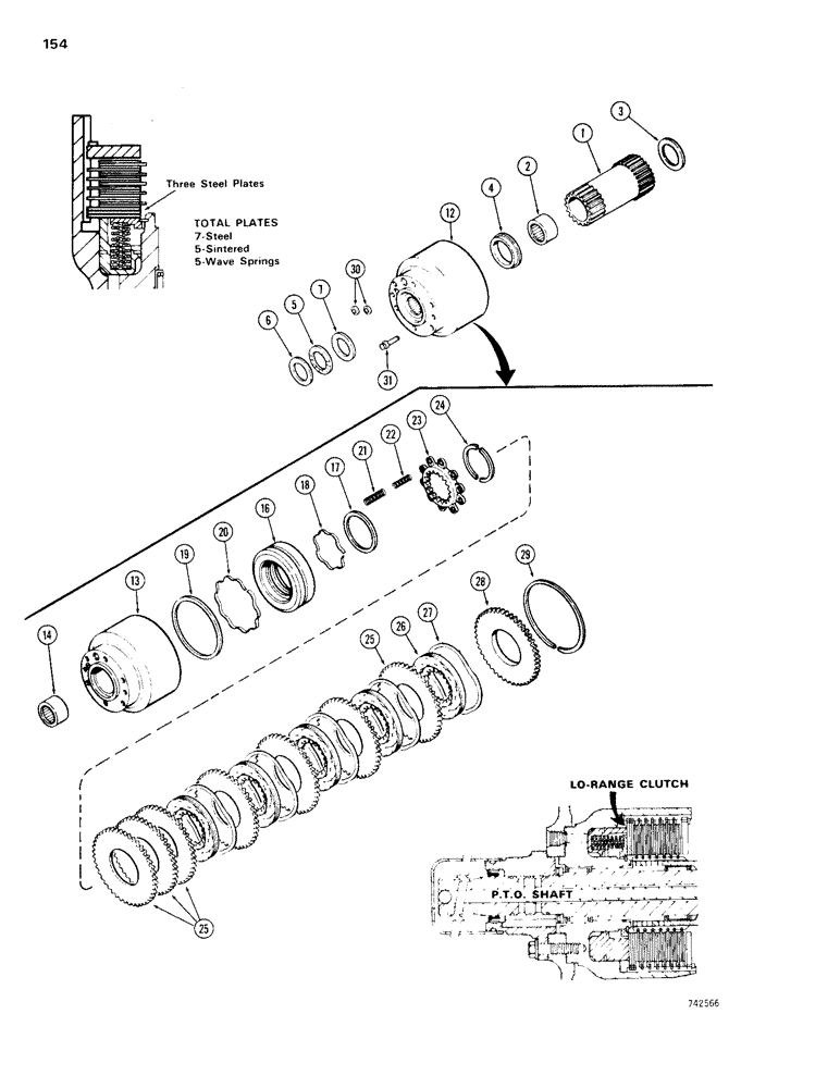 Схема запчастей Case 1150B - (154) - SUN GEAR & LOW RANGE CLUTCH - A50590 TRANS., 5 PLATE CLUTCH W/ 7 STEEL PLATES (03) - TRANSMISSION